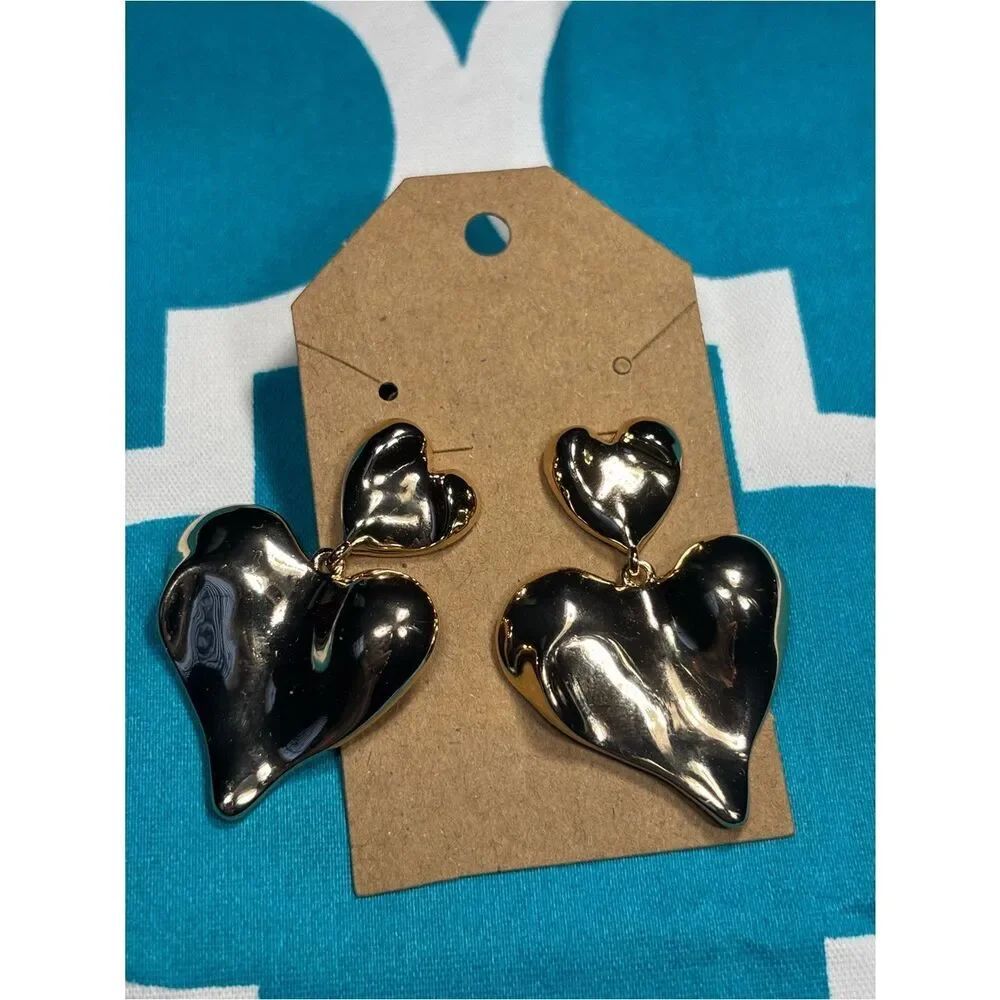 New Gold Heart Drop Earrings - Shiny Metallic Hearts